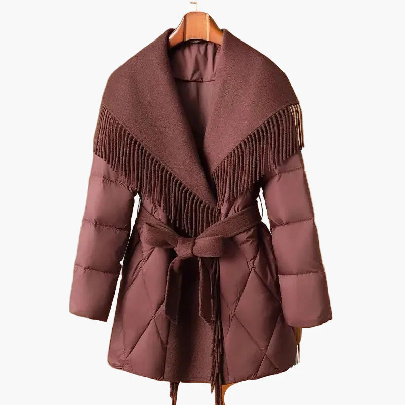 Women's Winter Quilted Coat with Fringes and Belt – Fashionable Korean Style, Elegant and Comfortable