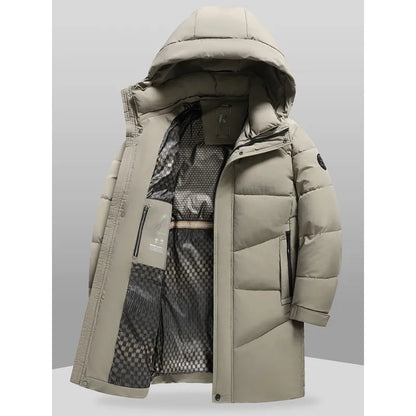 Men's long black quilted winter coat with hood