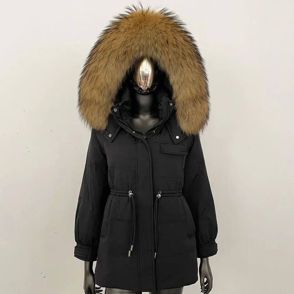 Women's winter parka jacket with fur hood and drawstring waist