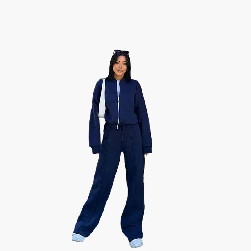 Women's Oversize Casual Suit Two-Piece with Wide Pants and Zipper Jacket – Casual Streetwear Look