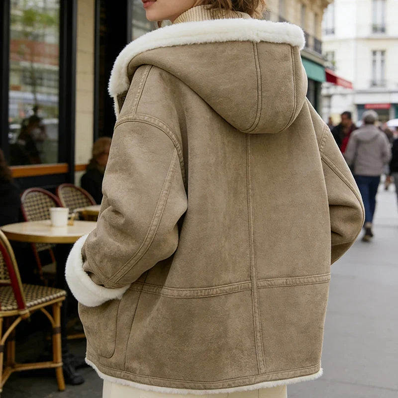 Women's jacket with hood & teddy lining brown