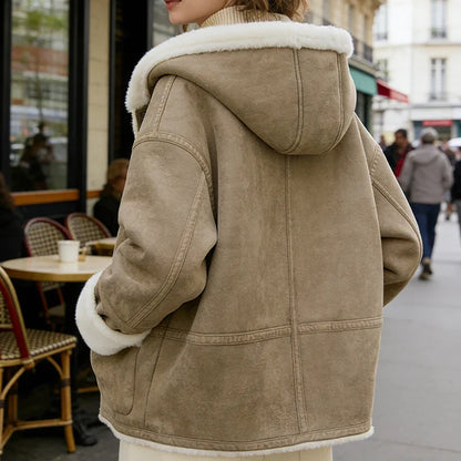 Women's jacket with hood & teddy lining brown