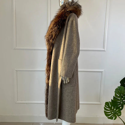 Damen Mantel Lang mit Faux-Pelzkragen Beige