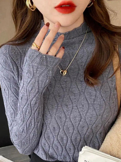 Women's stand-up collar long-sleeved fine-knit sweater with wave pattern
