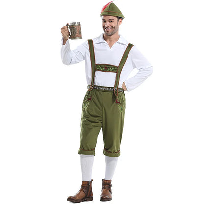 Men's Oktoberfest Costume Lederhosen Suspenders Shirt and Hat Set