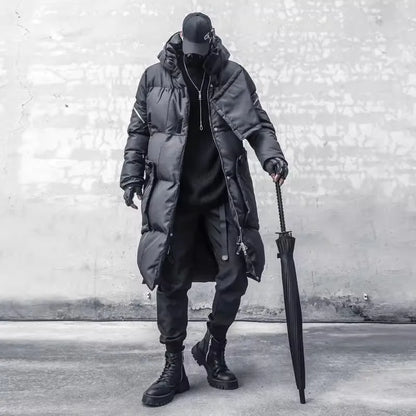 Unisex Langer Steppmantel Schwarz mit Kapuze
