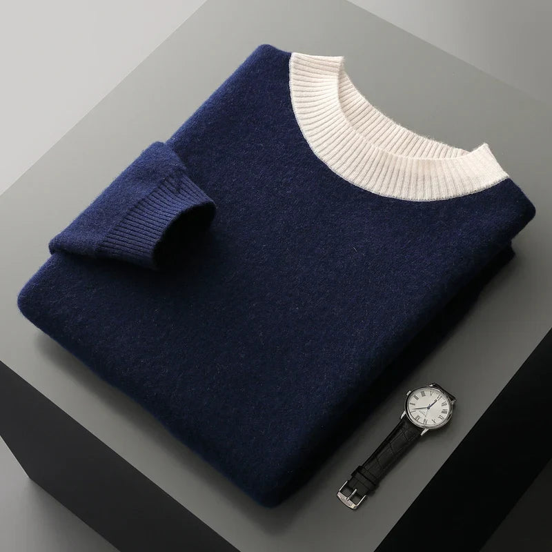 Men's crew-neck knit sweater with caramel/cream stripes