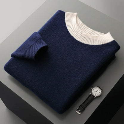 Men's crew-neck knit sweater with caramel/cream stripes