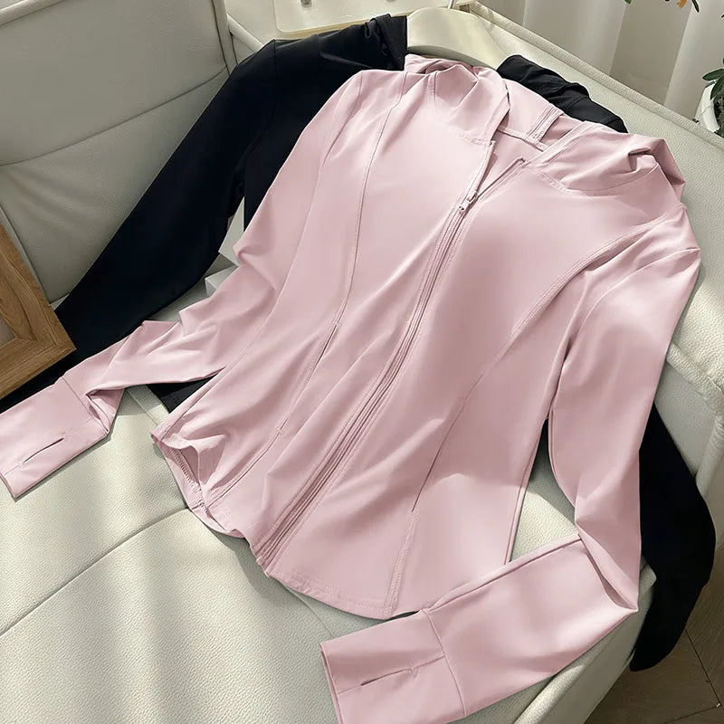 Damen Kapuzenjacke mit Reißverschluss, eng geschnitten, lange Ärmel