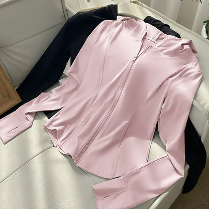 Damen Kapuzenjacke mit Reißverschluss, eng geschnitten, lange Ärmel