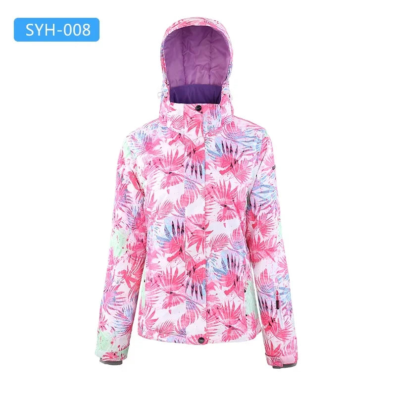 Women's winter ski jacket with hood, colorful pattern, outdoor