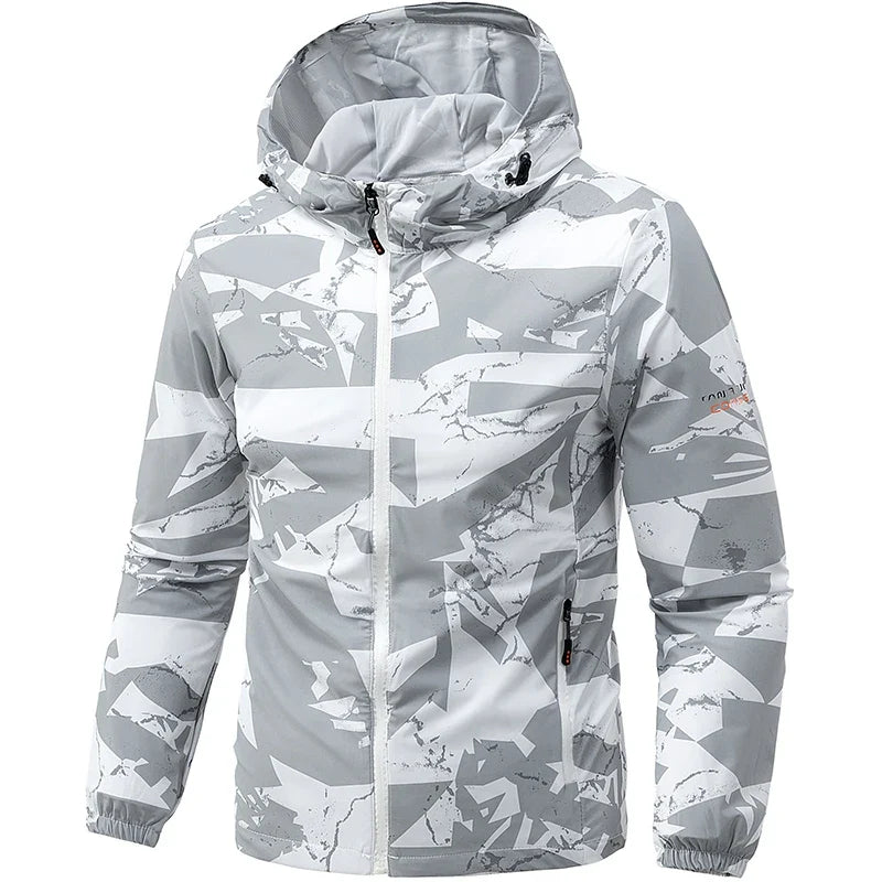 Men's hooded windbreaker jacket, lightweight outer material, camouflage pattern
