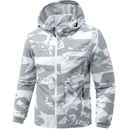 Men's hooded windbreaker jacket, lightweight outer material, camouflage pattern