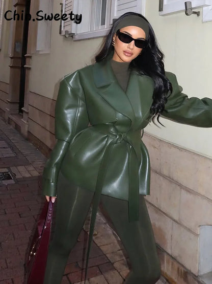 Women's wrap jacket short jacket with tie belt green shiny