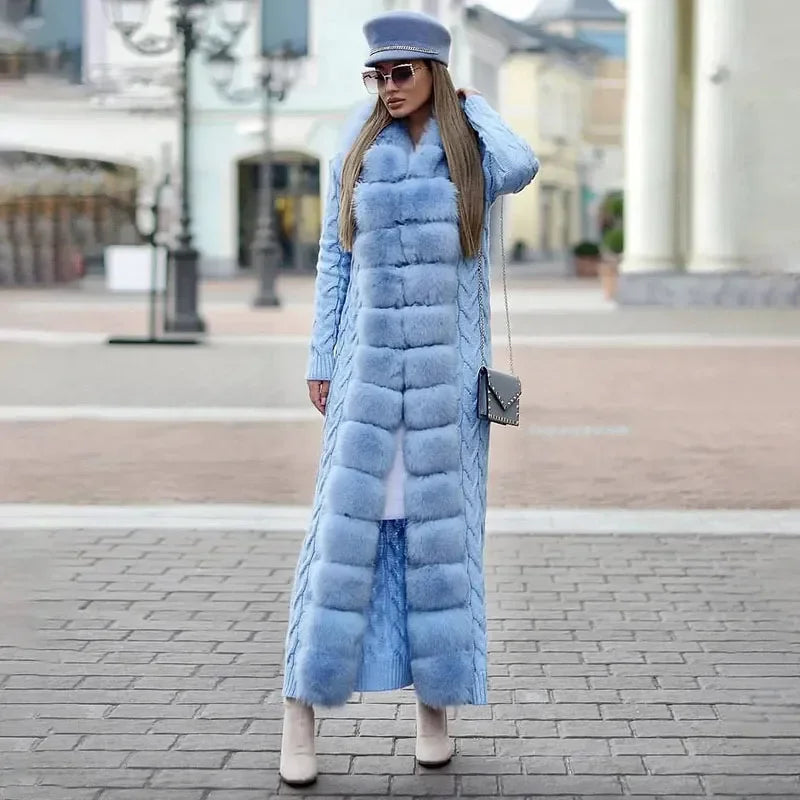 Long Knit Cardigan with Faux Fur Trim and Cable-Knit Pattern in Purple