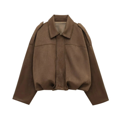 Women's cropped short transition jacket with lapel collar and long sleeves