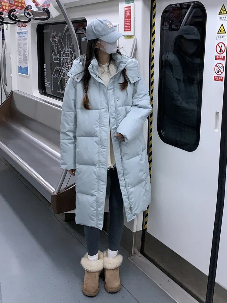 Women's long quilted coat with hood, solid colors