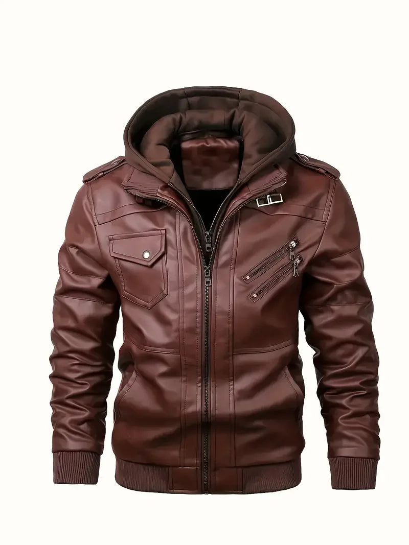 Herren Bomberjacke mit Kapuze und Reißverschlüssen, Lederoptik