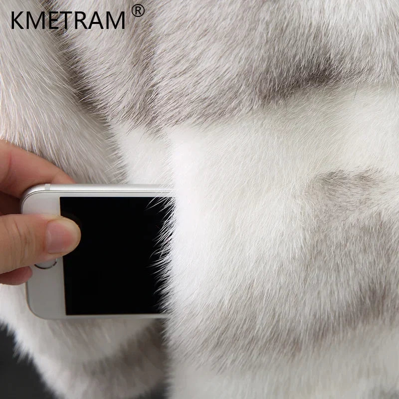 Damen Kunstfelljacke mit Kapuze, gestreiftes Design, mittellang