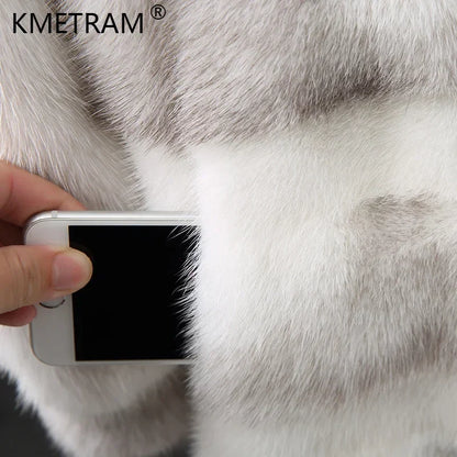 Damen Kunstfelljacke mit Kapuze, gestreiftes Design, mittellang