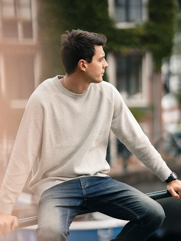 Men's blue ribbed crew-neck knit sweater, long sleeves