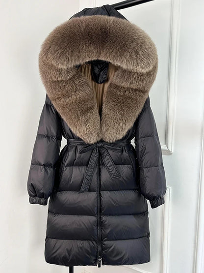 Women's black down coat with fur hood, long winter coat, belt, warm jacket