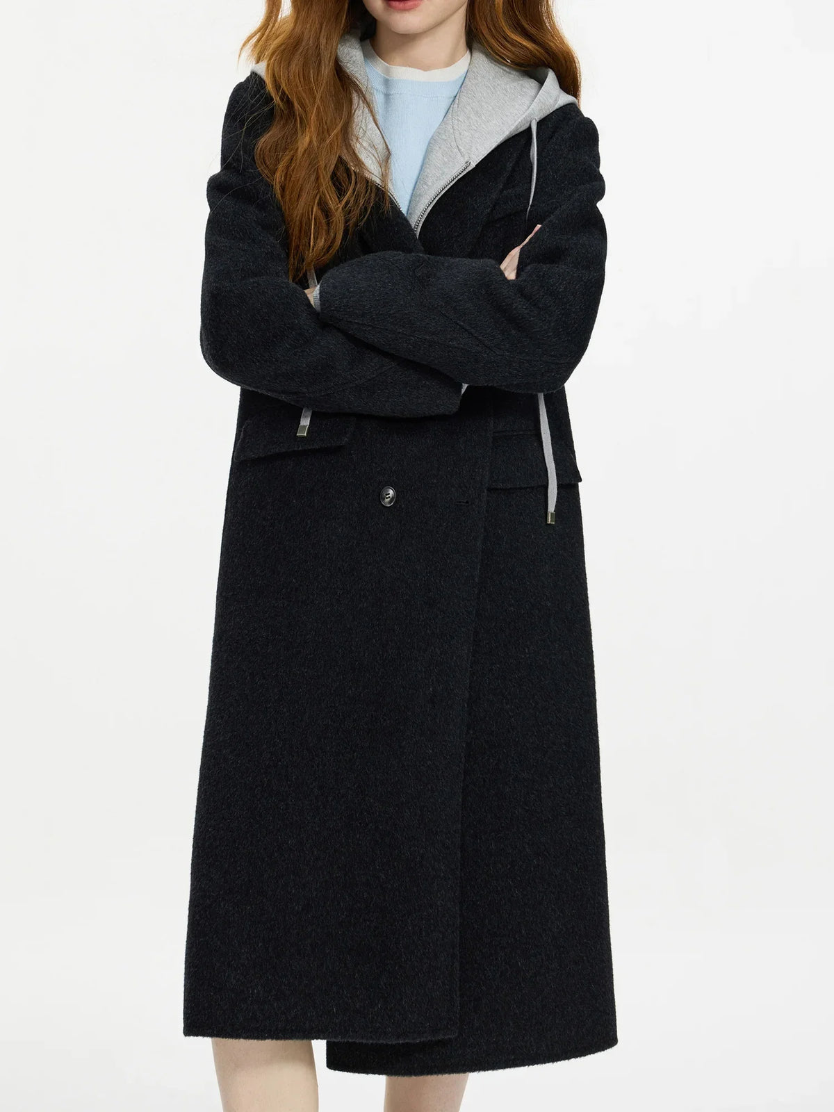 Women's long double-breasted coat with notched lapel