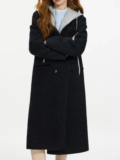Women's long double-breasted coat with notched lapel