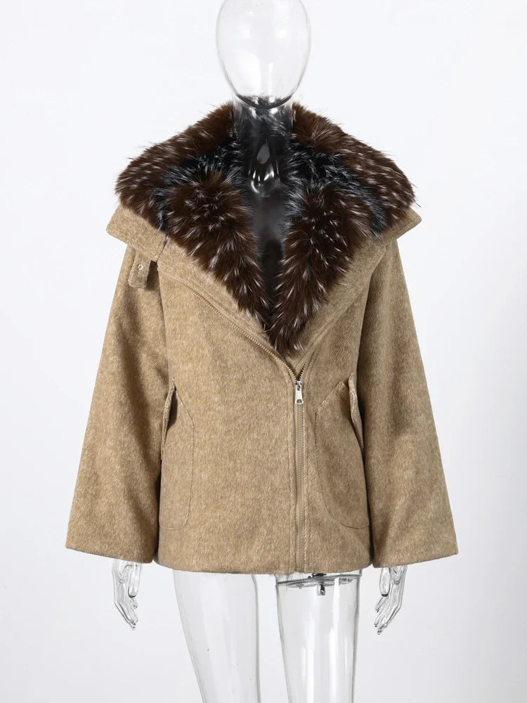 Damen Kurzmantel mit Kunstpelzkragen Reißverschluss Jacke Wintermantel Warm Grau Beige Braun
