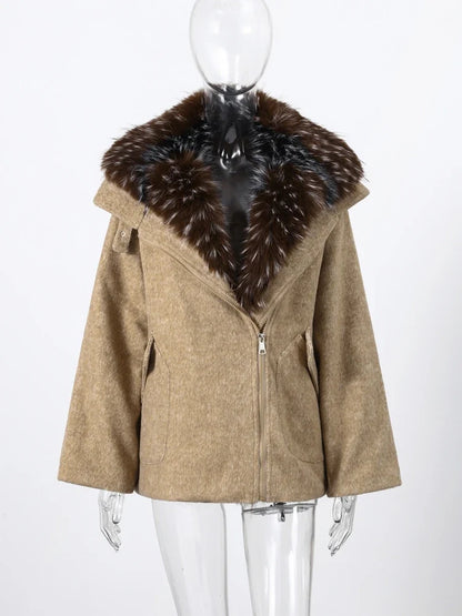 Damen Kurzmantel mit Kunstpelzkragen Reißverschluss Jacke Wintermantel Warm Grau Beige Braun