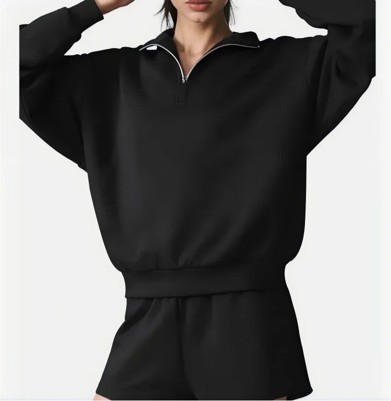 Two-piece loungewear set with stand collar and shorts, light gray