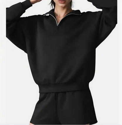 Two-piece loungewear set with stand collar and shorts, light gray