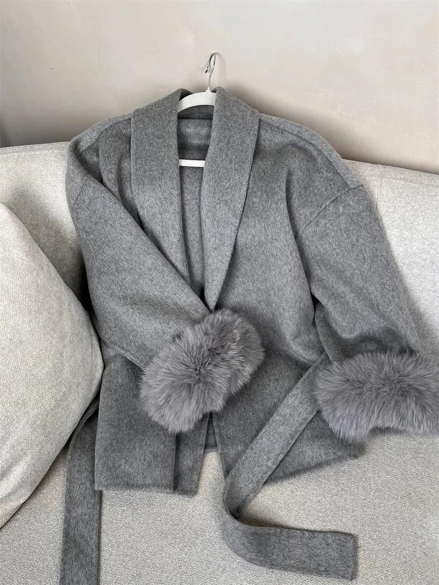 Short women's wrap coat with faux-fur sleeves and tie belt