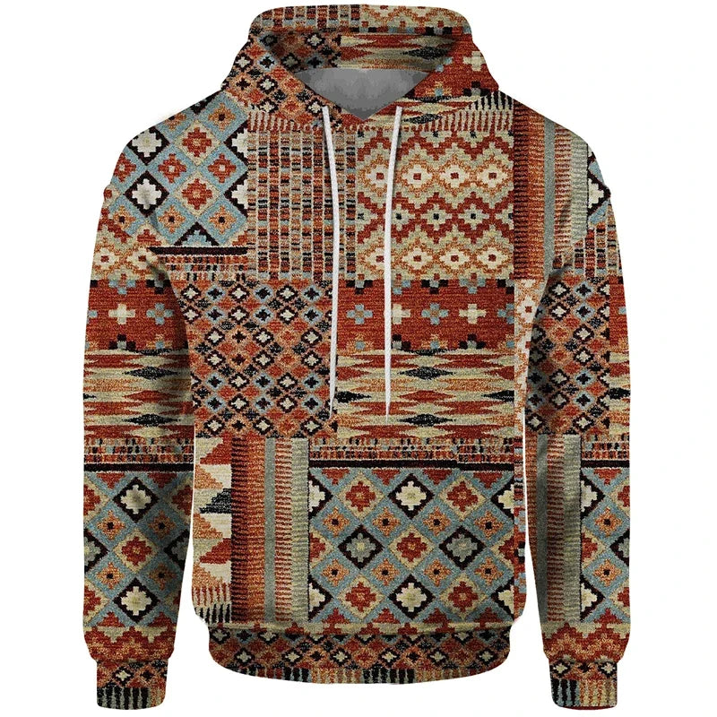Patchwork-design hoodie with mixed patterns and hood