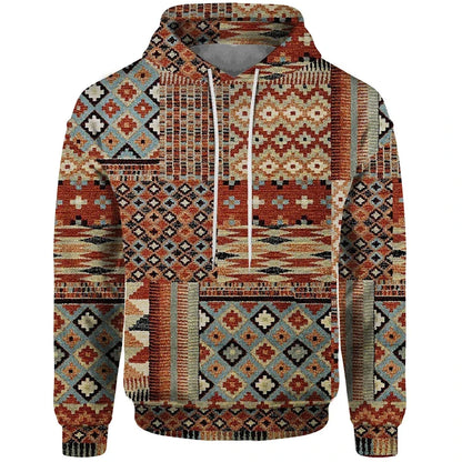 Patchwork-design hoodie with mixed patterns and hood
