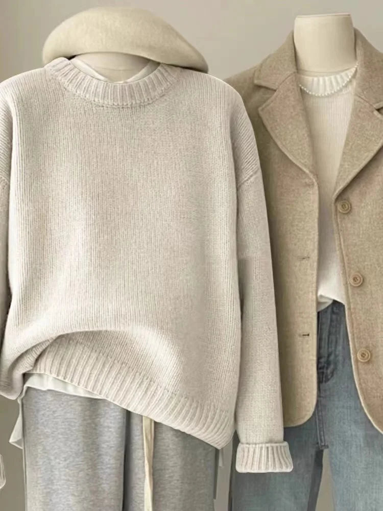 Ribbed crew-neck knit sweater, loose fit, multicolored