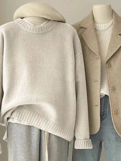 Ribbed crew-neck knit sweater, loose fit, multicolored