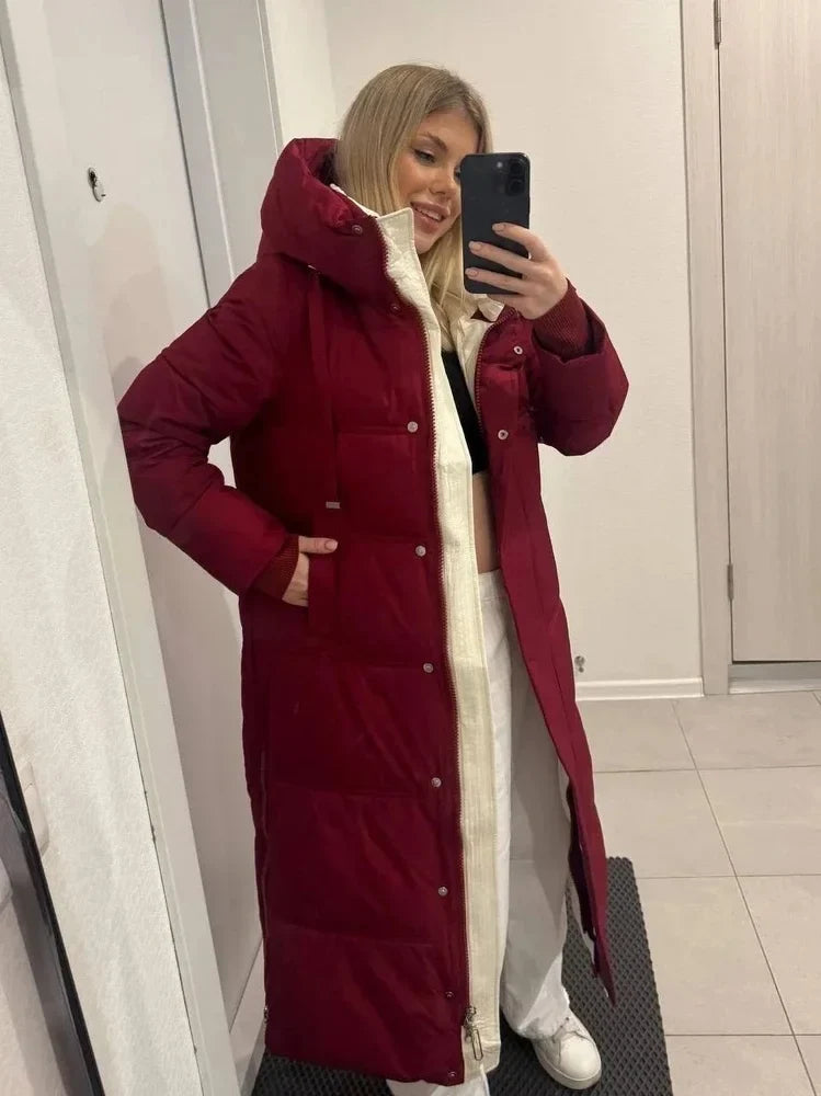 Long quilted coat with hood in red-burgundy