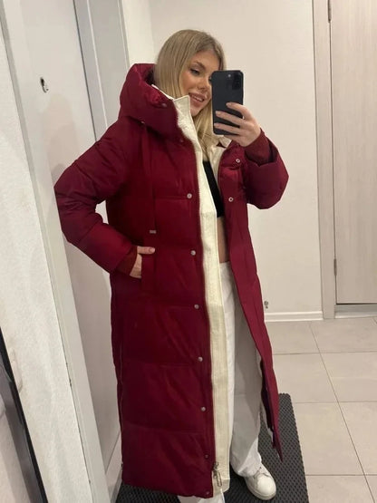 Long quilted coat with hood in red-burgundy