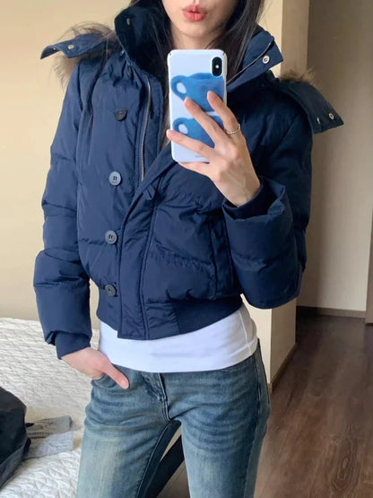 Kurze Steppjacke mit Fellkapuze Damen Winterjacke Marineblau oder Weiß