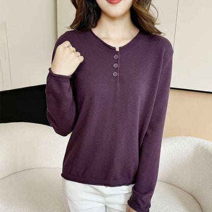 Women's Henley Shirt with Button Placket, Long Sleeves, Crew Neck, Fine Knit, Purple