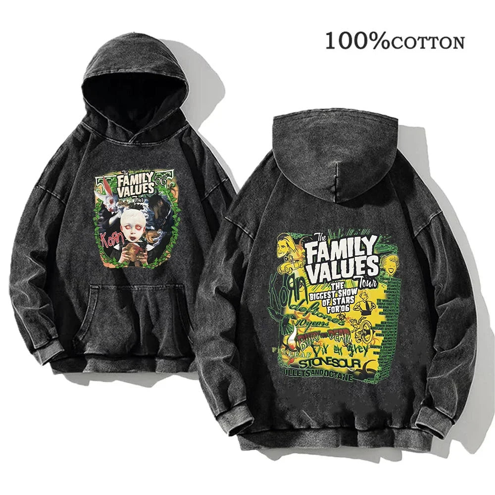 Hoodie Schwarz Grau Washed Oversize mit Band-Print Vorn & Hinten