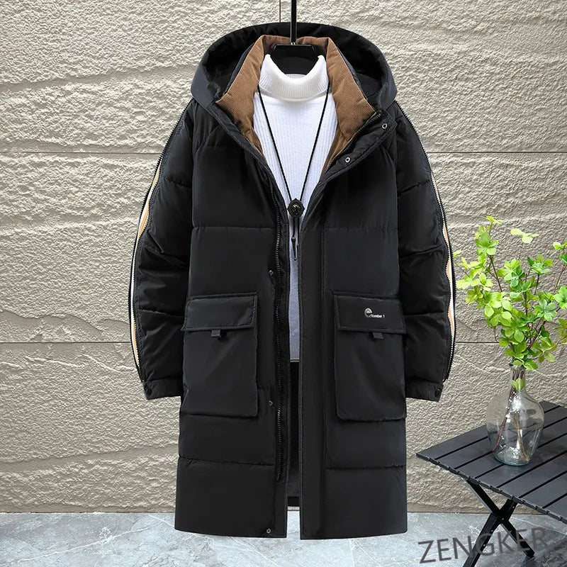 Long men's winter padded coat with hood in black