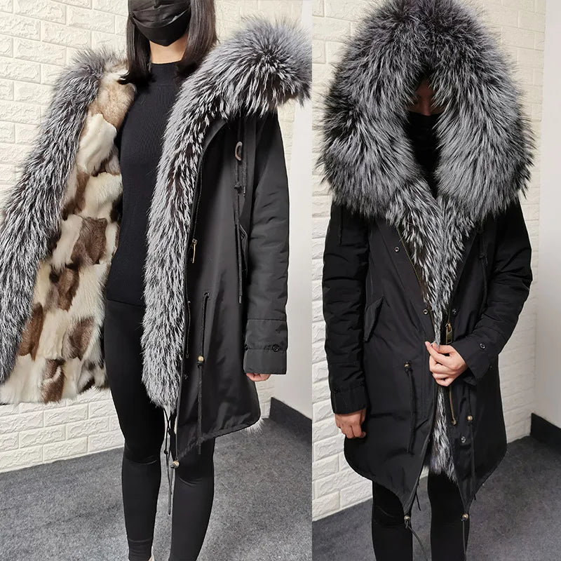 Women's winter parka with removable faux fur collar and lining