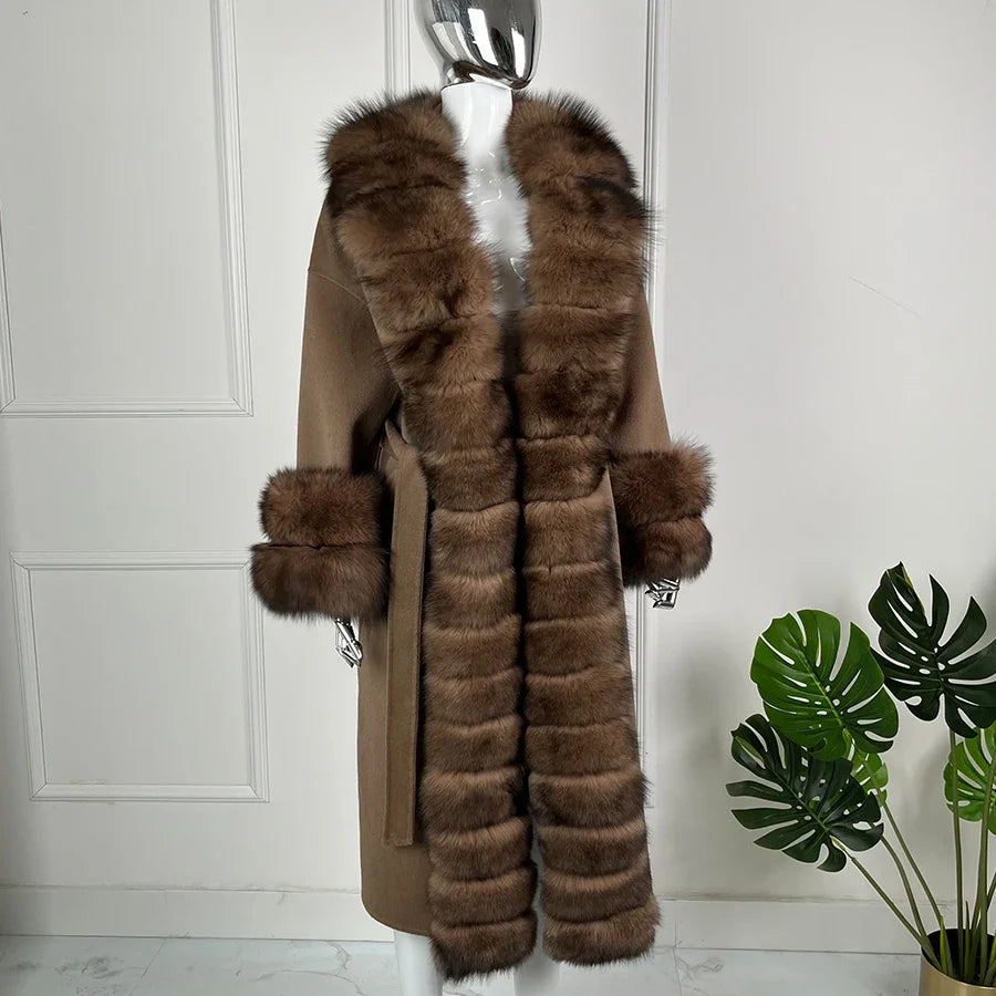 Women's Brown Winter Coat with Fur Collar and Fur Trim