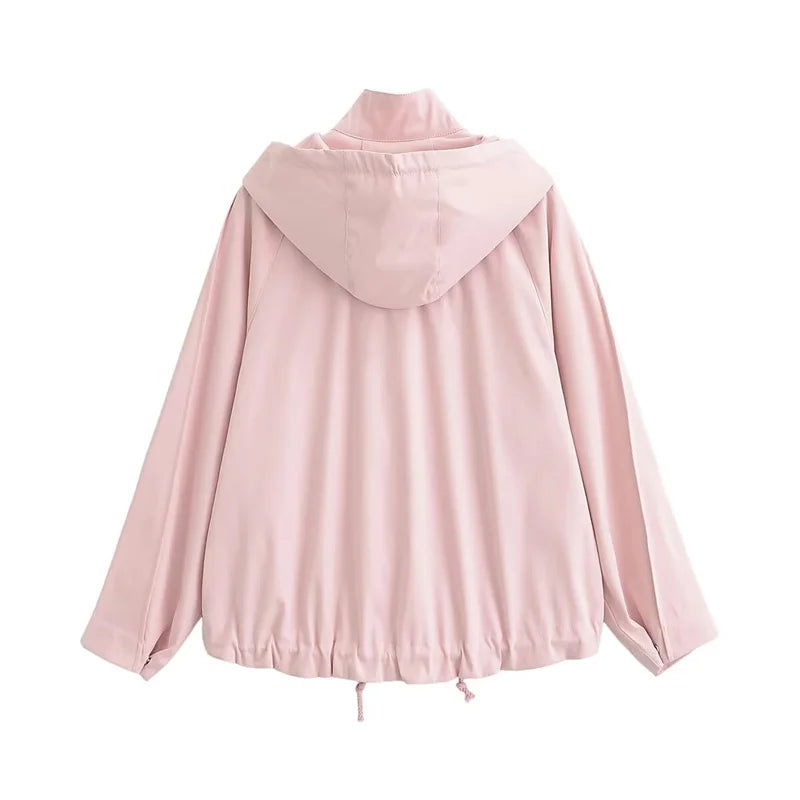 Women's Short Transitional Jacket with Hood and Pockets, Light Pink
