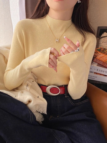 Women's rib-knit turtleneck sweater, long sleeve, close-fitting