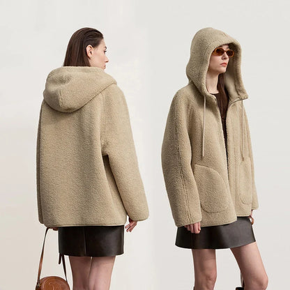 Women's short teddy-style hooded jacket, soft, zipper, beige