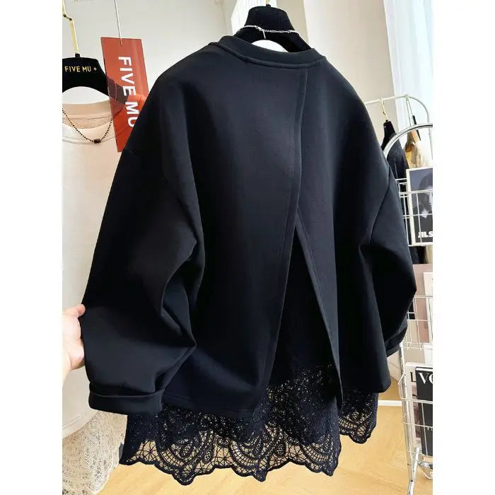 Damen Sweatshirt mit Spitzen-Layering und Rückenschlitz
