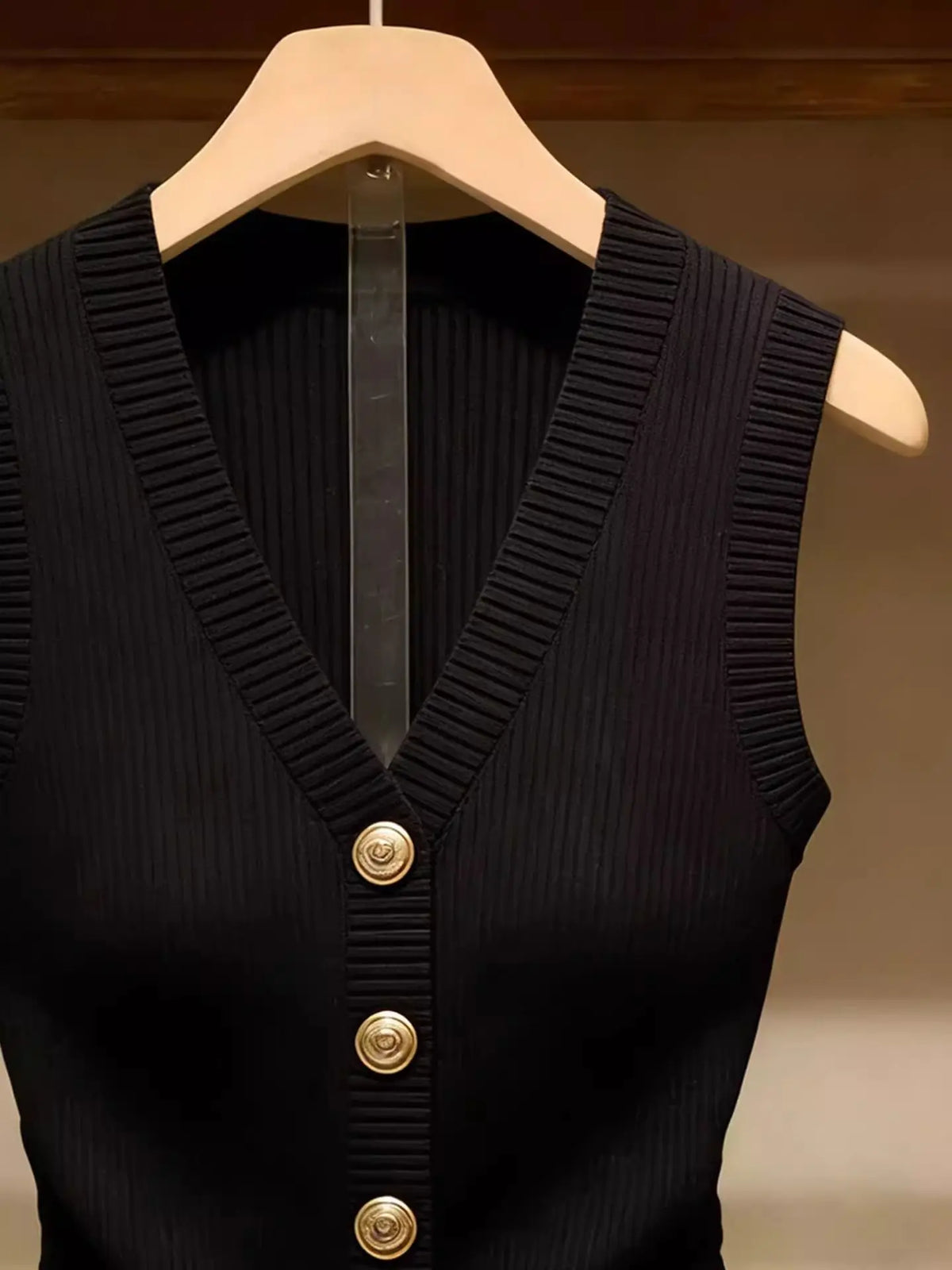 Black women's knitted vest V-neck gold buttons sleeveless ribbed knit